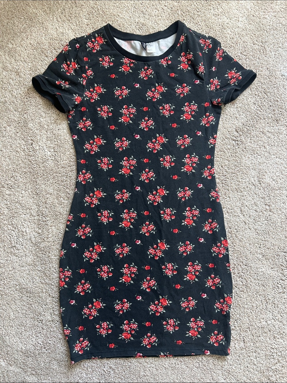 H&M Black Mini Dress with Red Floral Print